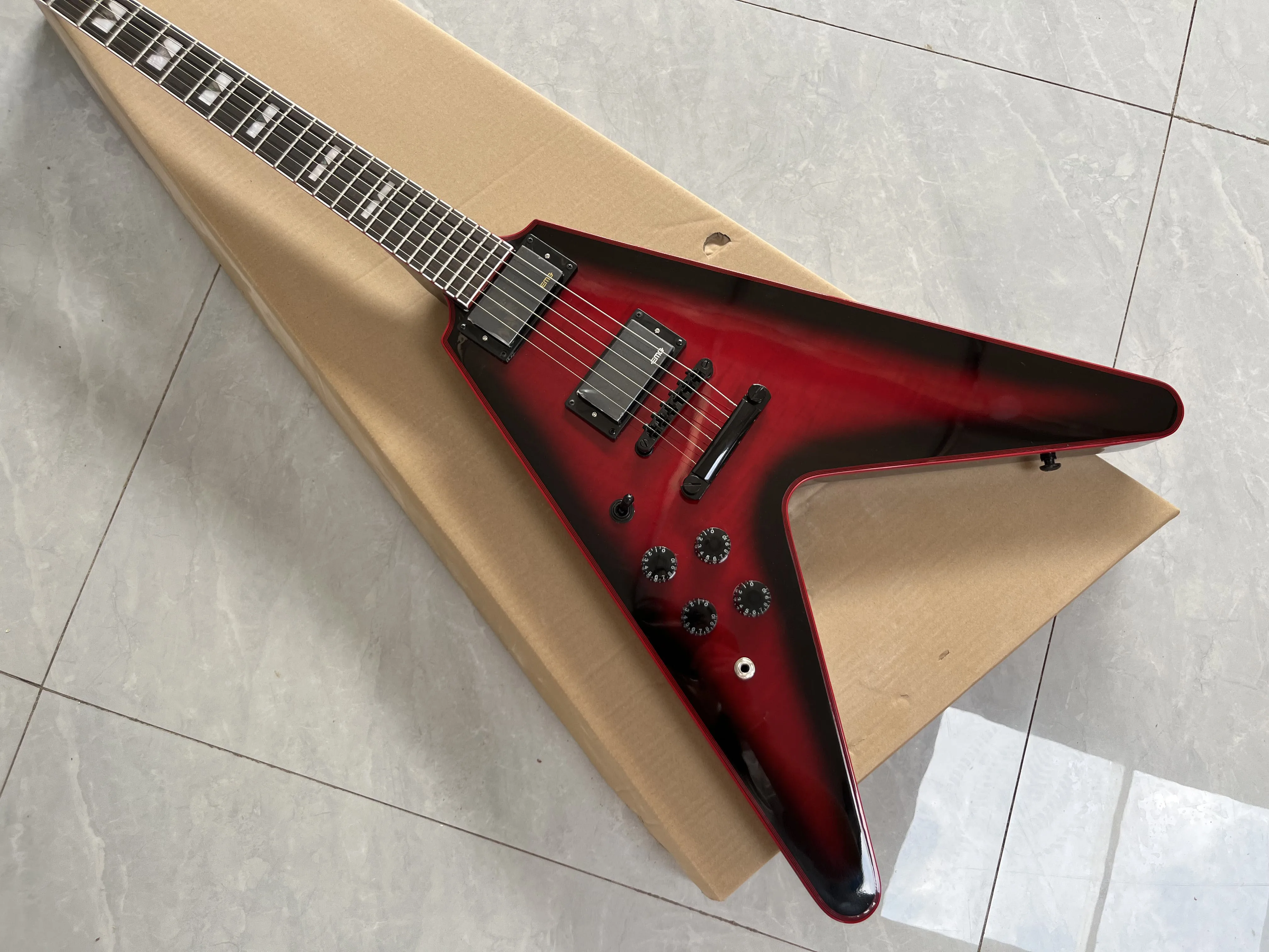 Chinese Electric Guitar Left Hand Flame Maple Top Red Binding  Flying V