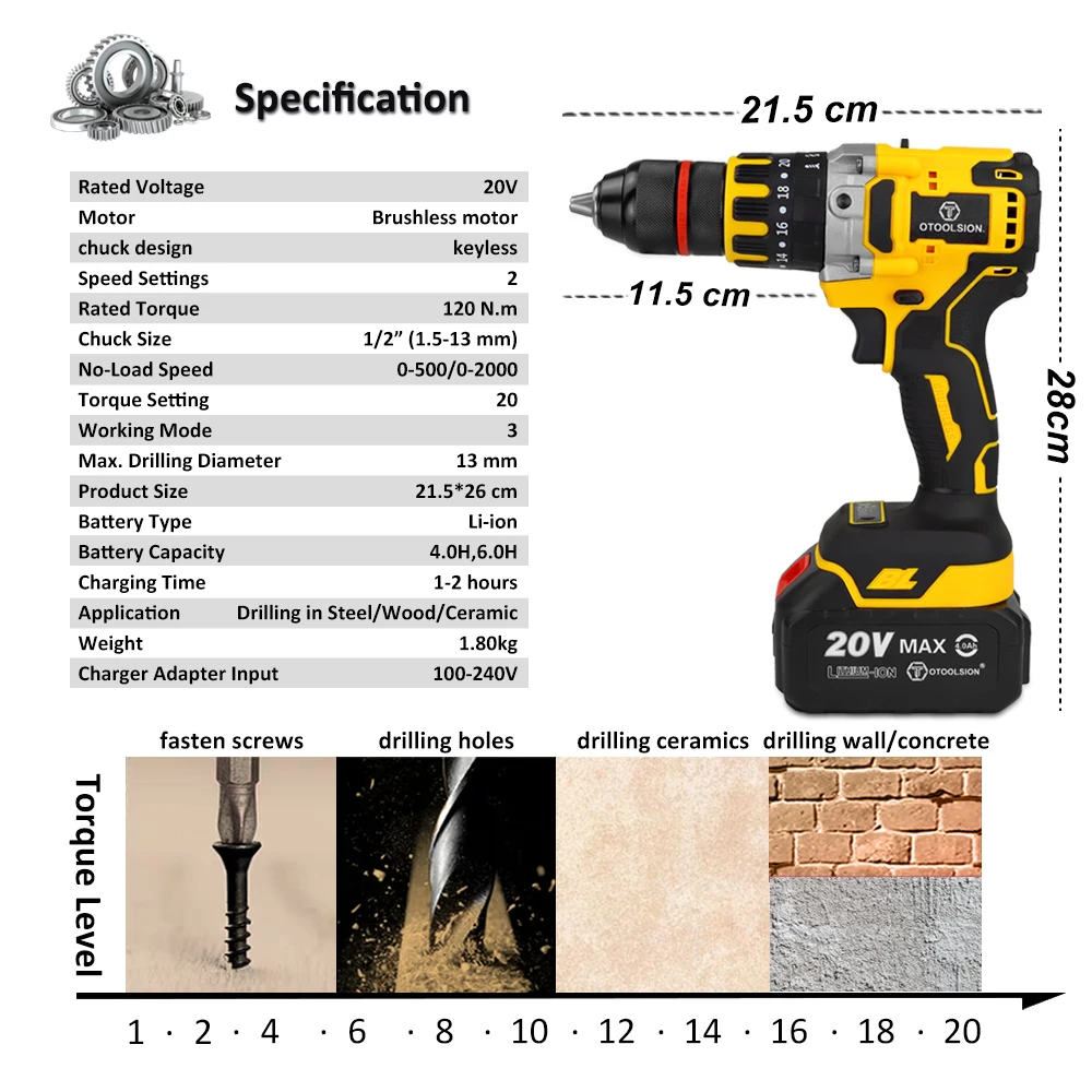 OTOOLSION13mm Brushless Impact Drill 20V Cordless Electric Screwdriver Ice Fishing Electric Tool Drill Wall Drill Ice Drill Wood