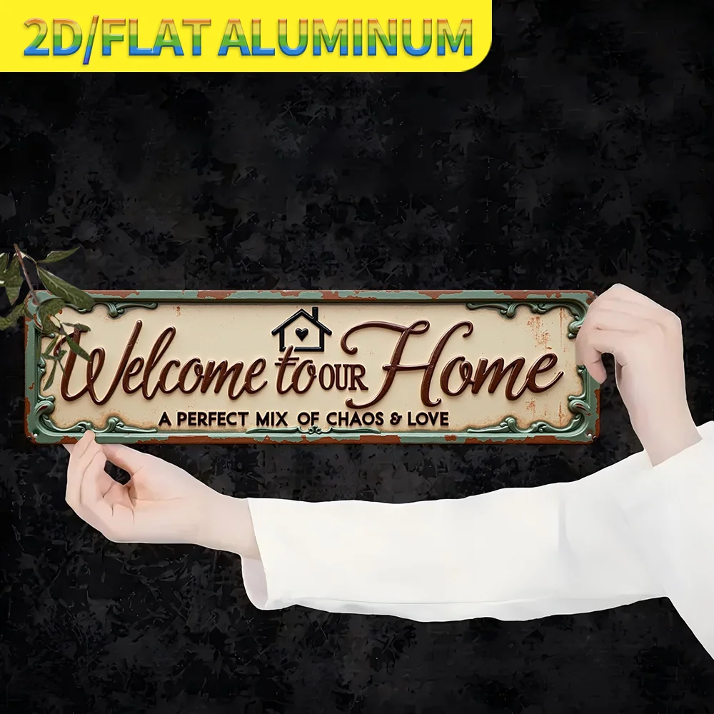 2D Flat, 1pc 2D Flat Whimsical Family Love Shack Vintage Finish Textured Metal Sign - Elegant Floral Design with Playful Saying view 3