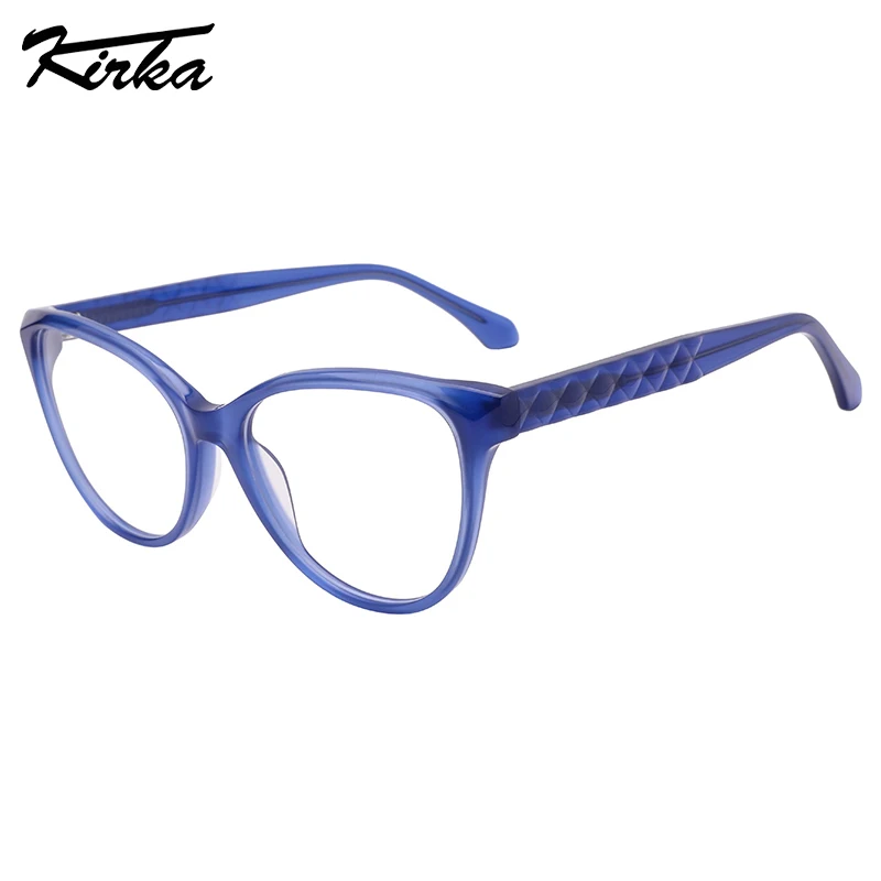 Kirka Female Acetate Classic Cat Eye Thin Frames Glasses Optical Lenses Eyeglasses Wide Diamond Pattern Temples WD1468