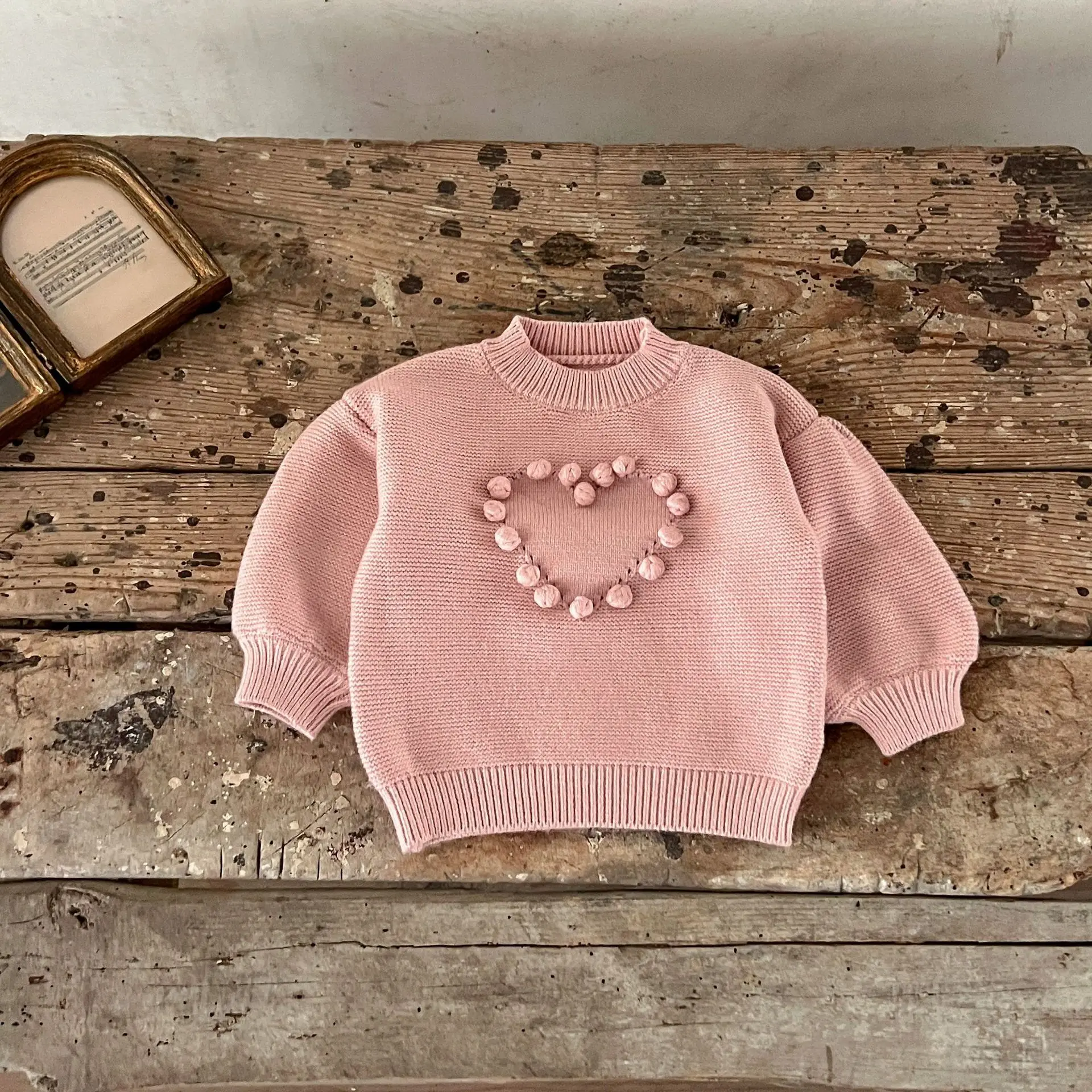 Infant Baby Girl Autumn Sweater Cotton Love Hair Ball Loose Toddler Girl Pullover Soft Solid Lantern Sleeve Little Girl Knitwear