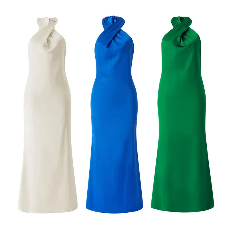 WPNAKS-Robe longue en satin pour femmes, vêtement de soirée, chic, élégant, couleur unie, dos nu, sexy, club, été