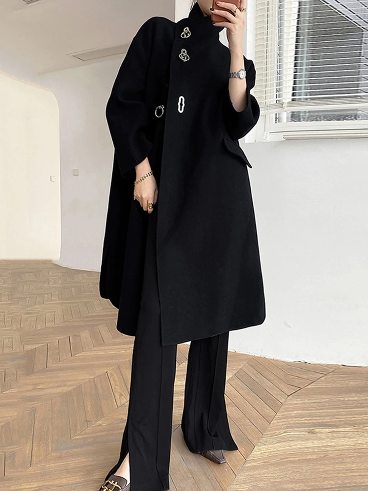 [EAM] Loose Fit Black button Thick Woolen Coat Parkas New Suit Collar Long Sleeve Women Fashion Tide Autumn Winter 2024 1DD3048