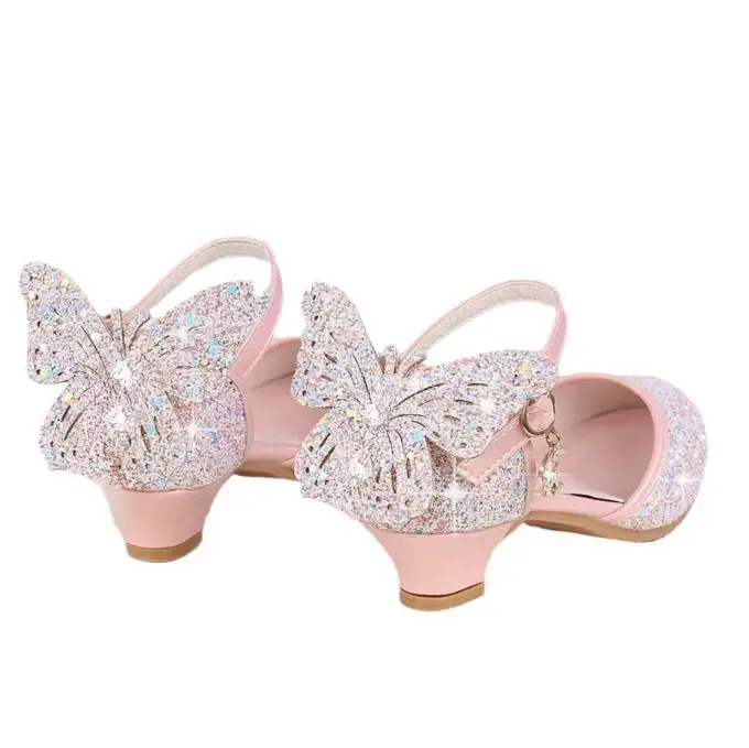 Princess Kids Leather Shoes Girls Glitter Crystal Tassel Butterfly Knot Dress Party Children High Heel Student Performance Shoes