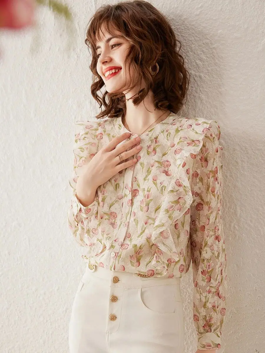 LOUIS YAO Women Shirt 2024 Spring New Arrival Flounce Printed Floral Shirt Round Neck Long Sleeve Elegant Blouse Top