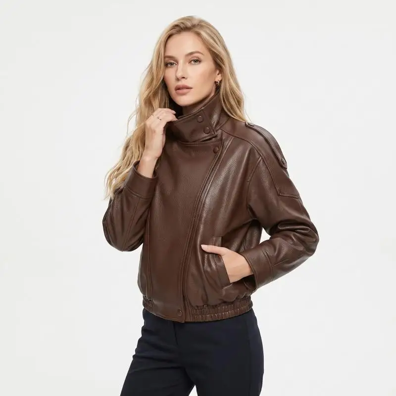 Women's Oversized Faux Leather Jacket Stand Collar Snap Button PU Coat Long Sleeve Casual Motorcycle Outwear 2026