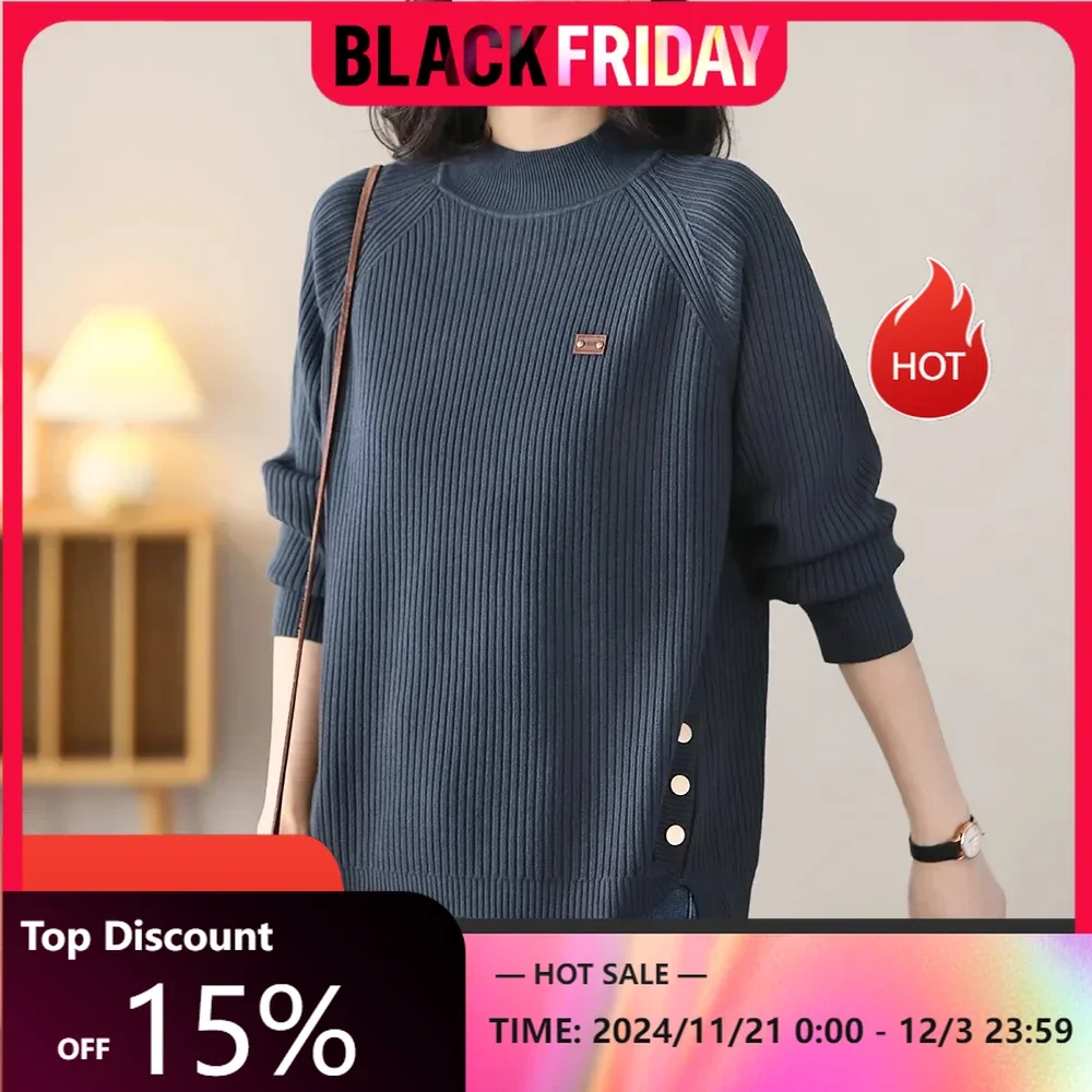 Yasuk Autumn Winter Fashion Solid Buttoned Irregular Hem Casual Pullover Women's Soft Slim Knitted Top Gentle Warm Sweater Cool