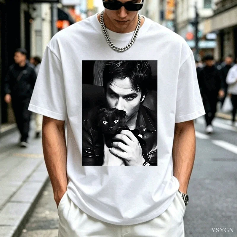 Damon Salvatore TV Drama Cat Graphic Tshirt Men Women Clothes Retro Gothic Tops Sleeve Harajuku Sleeve Casual Aesthetic Clothes