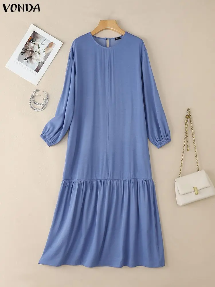 فستان ماكسي نسائي من فوندا مقاس كبير 5XL للخريف بأكمام طويلة قميص طويل غير رسمي مكشكش موضة ملابس الشارع الصلبة رداء الحفلات