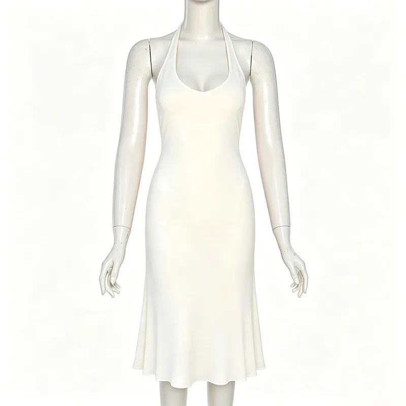Damen, einfarbiges, weißes Midikleid mit Neckholder-Ausschnitt, ärmellos, rückenfrei, figurbetont, mit ausgestelltem Saum, elegant, für Partys, Clubs, Sommer, Strand, Slip-Kleid. – Detail 7