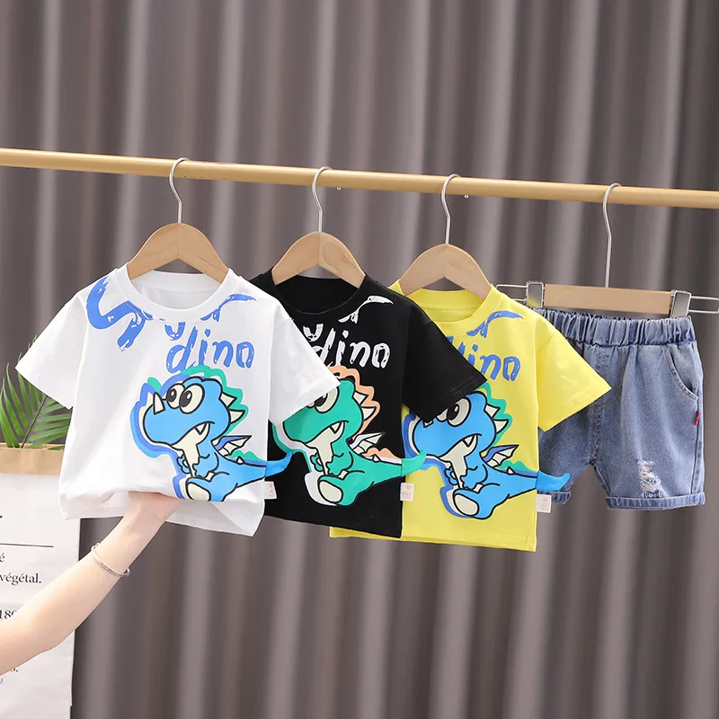 Boy's Summer New Suit Dinosaur Crew Neck Short Sleeve Cotton T-Shirt Denim Shorts Suit Baby Fashion Children's Clothing Trend