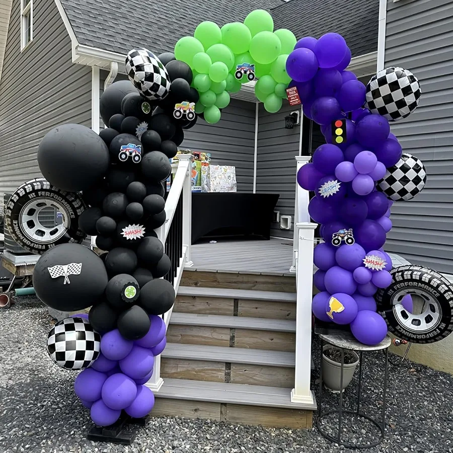 145Pcs Monster Truck Theme Purple and Green Black Balloon Garland Arch Kit with Big Wheels Checkered Foil Balloons for Truck Ra