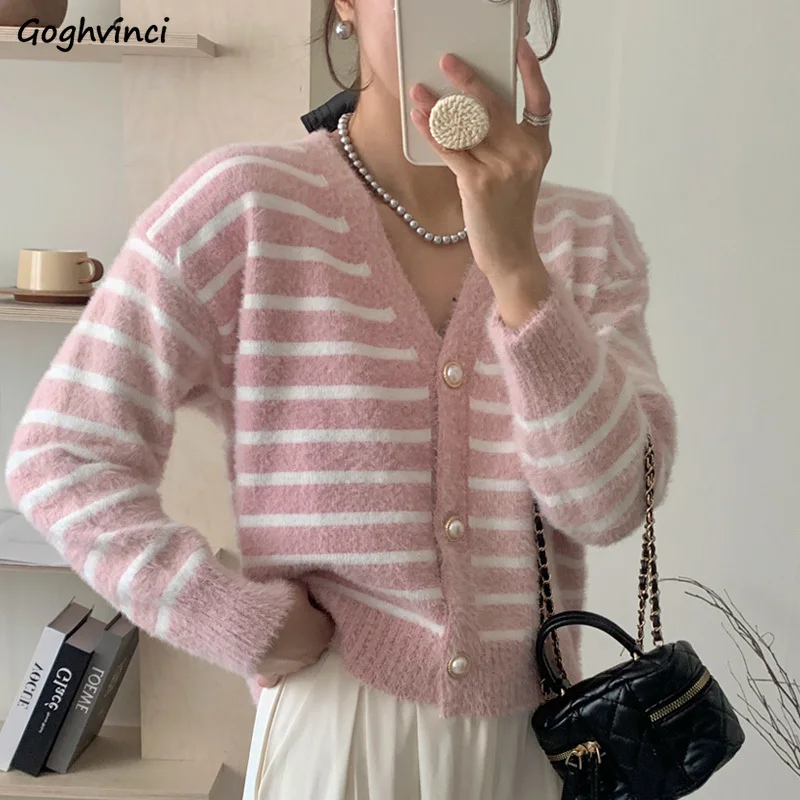 

Cardigan Women Soft Striped Design V-neck Age-reducing Mink-fleece Outwear Casual Elegant All-match Autumn Ins Knitted Trendy