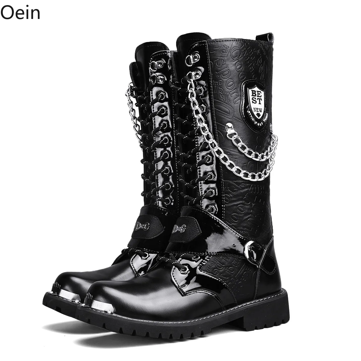 Men's Combat Mid Calf Boots Work Shoes Riding Lace Up Metal Chain Round Toe Punk Motorcycle New 2024