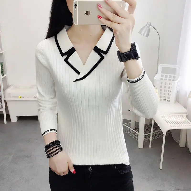 2023 Autumn and Winter Women\'s New Sweater Slim Fit Korean V-Neck Fashionable Underlay Solid Color Comfortable Versatile Top