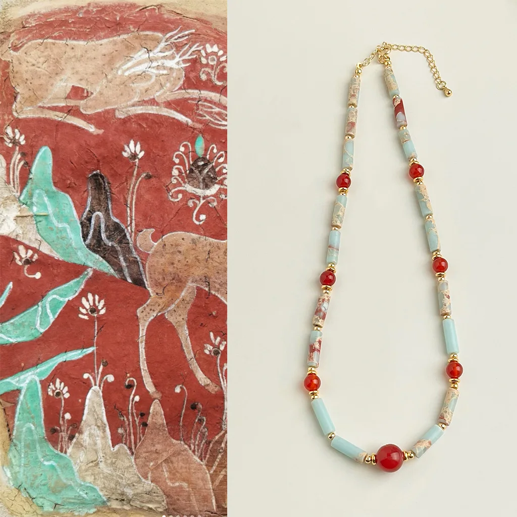

Original Handcrafted Blue Shoushan Stone Red Agate Necklace, Retro Chinese Beaded Collarbone Chain, Artistic Sweater Chain