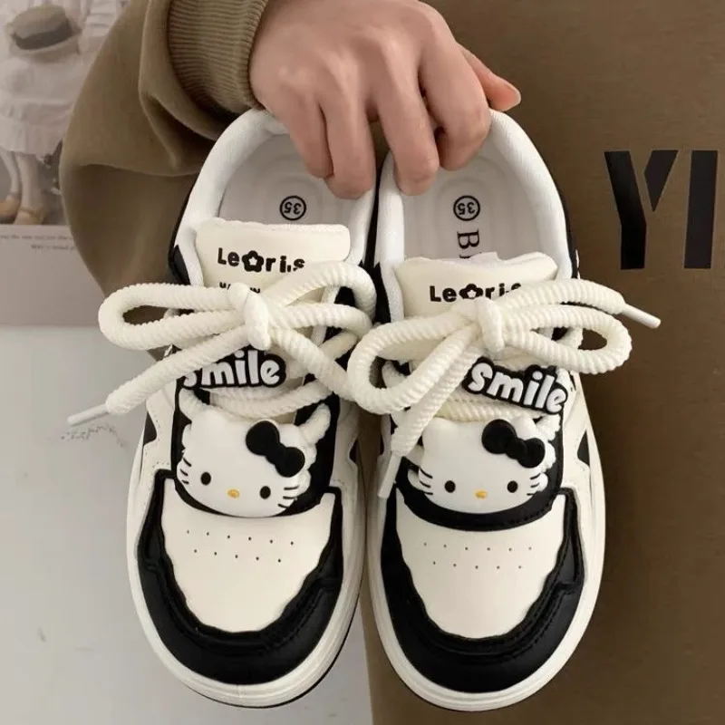 

Sanrio Hello Kitty Panda Black White Kawaii Girl Bread Shoes Preppy Style Lolita Platform Sneakers Y2k Student Skateboard Shoes