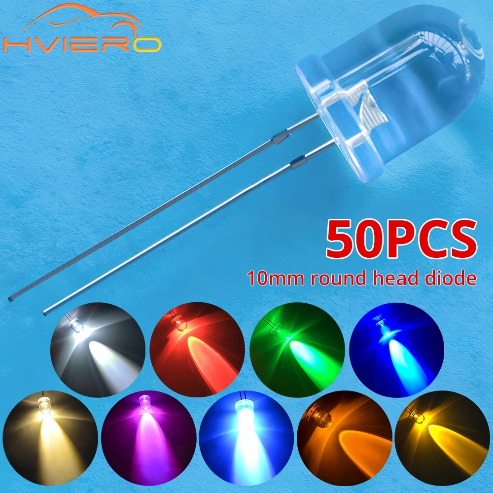 50Pcs 10mm Round Top Super Bright Lamp Beads Clear Emitting Diode LED White Red Green Blue Yellow UV Pink Orange Dome Light Bulb