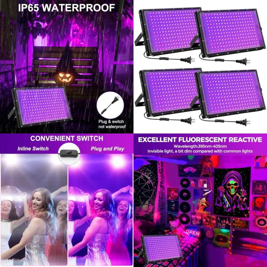 200W LED Black Lights for Glow Party IP65 Waterproof UV Blacklight Floodlight 395nm Black Light Spotlight Purple Black Light Fl