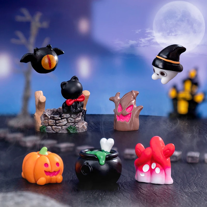 Mini Halloween Ornament Cartoon Spider Bats Skeleton Ghosts Micro Landscape Dollhouse Model Car Interior Home Desktop Decor