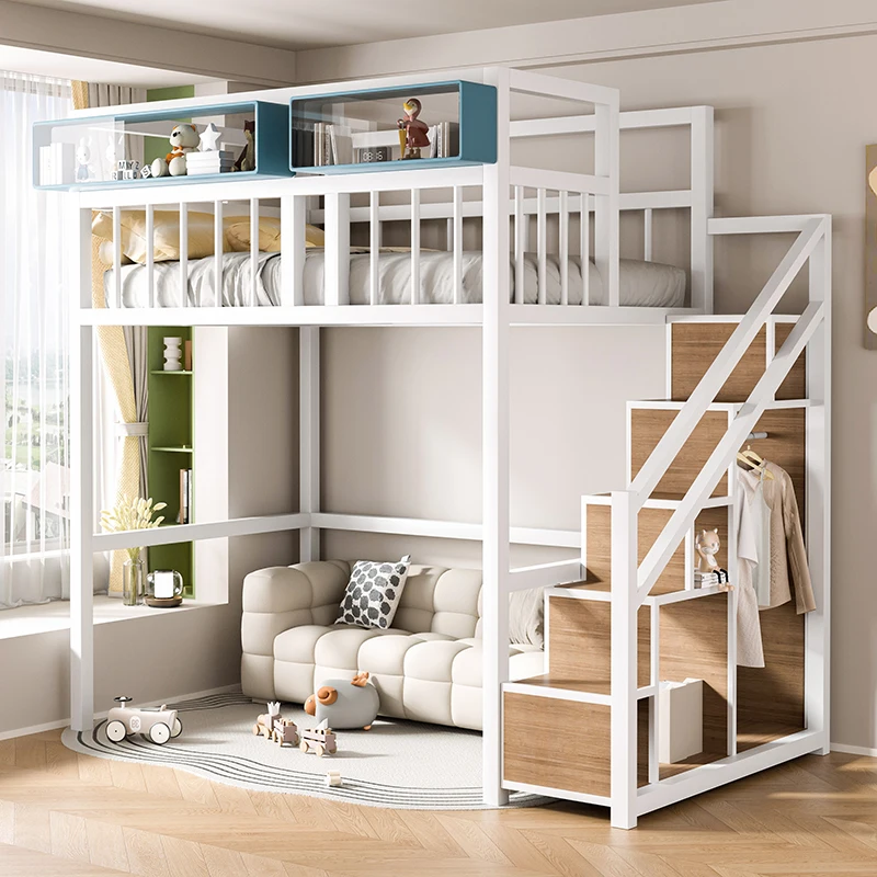 Elevated loft bed Duplex second floor bed Wrought iron children's tree house bold and thickened bed Under empty table