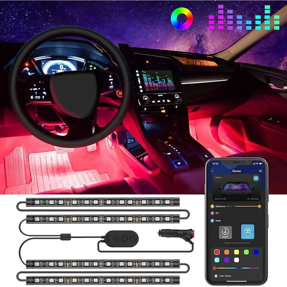 12V Smart RGB LED Interior Lights with App Control & Music Sync for Cars