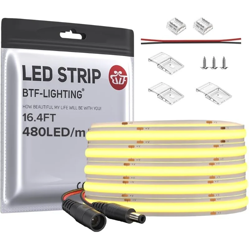 

BTF-LIGHTING FCOB COB LED Strip Flexible High Density Uniform Light 9W/m 16.4FT DC24V Natural White 4000K CRI 90+ 8mm Width Dimm