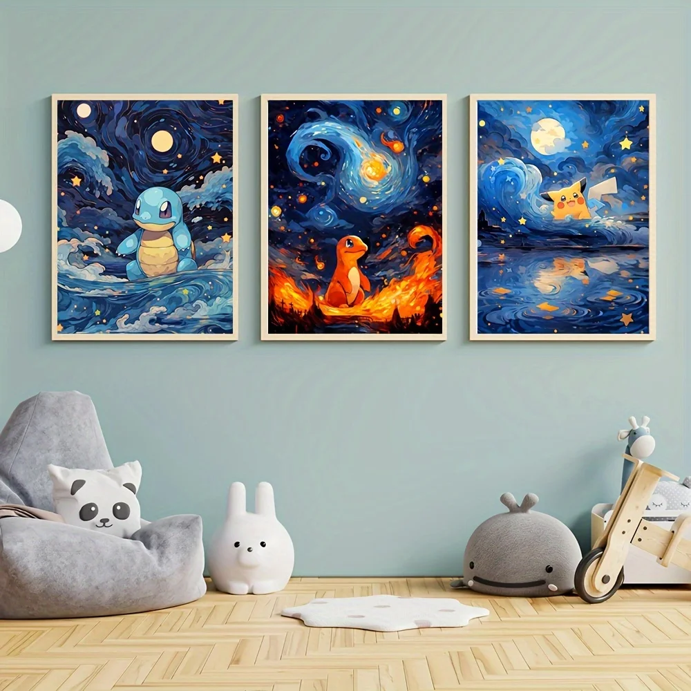 

3Pcs Pokemon Poster Pikachu Squirtle Charmander Canvas Painting Japanese Anime Wall Art Wall Decor Living Room Home Decor