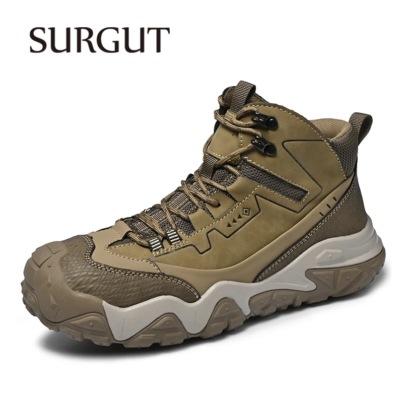SURGUT Autumn Spring Men's Ankle Boots Anti-Sprain Support Thick Mesh Cotton Lining Outdoor Wear-Resistant Big Size 38-46