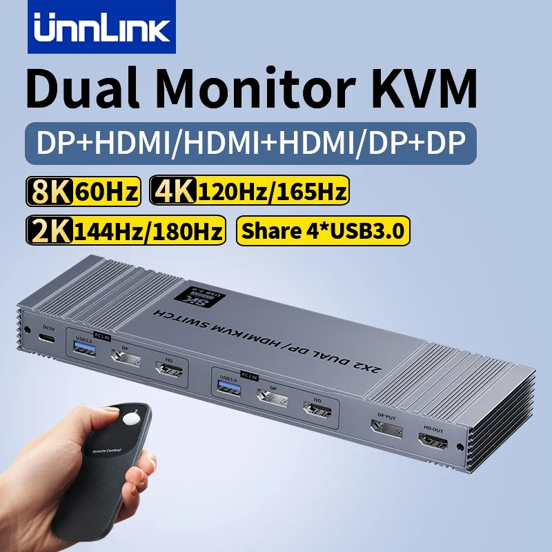 Unnlink 2x2 Dual Monitor KVM Switch HDMI+DP HDMI+HDMI DP+DP 4K 120Hz 2K 144Hz Share USB 3.0 Dual Dispaly Matrix 2 In 2 Out