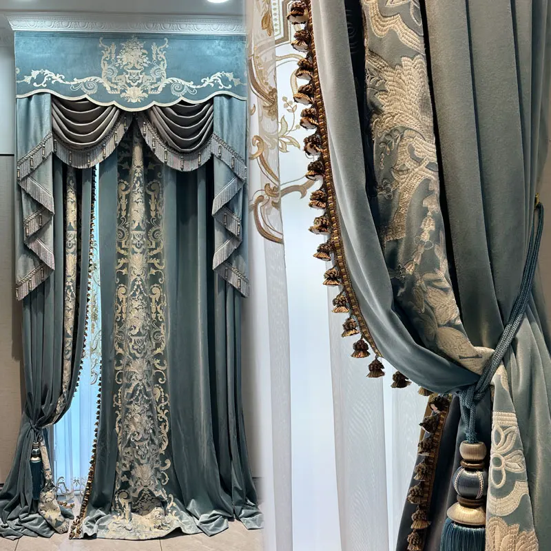 Custom European high villa elegant living room luxury Velvet embroidered blue cloth blackout curtain tulle valance drape M1735