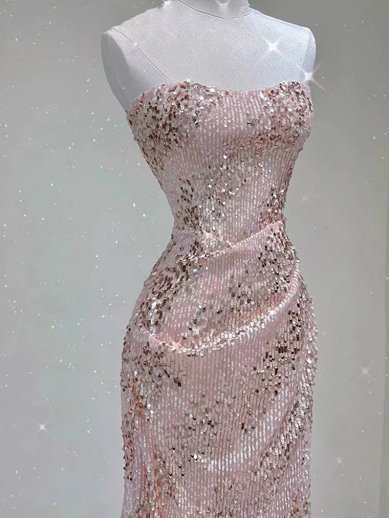 

Champagne Pink Cocktail Dresses Sequins Strapless Shiny Party Zipper Tube Top Ceremony Host Glitter Evening Prom Dance Gowns