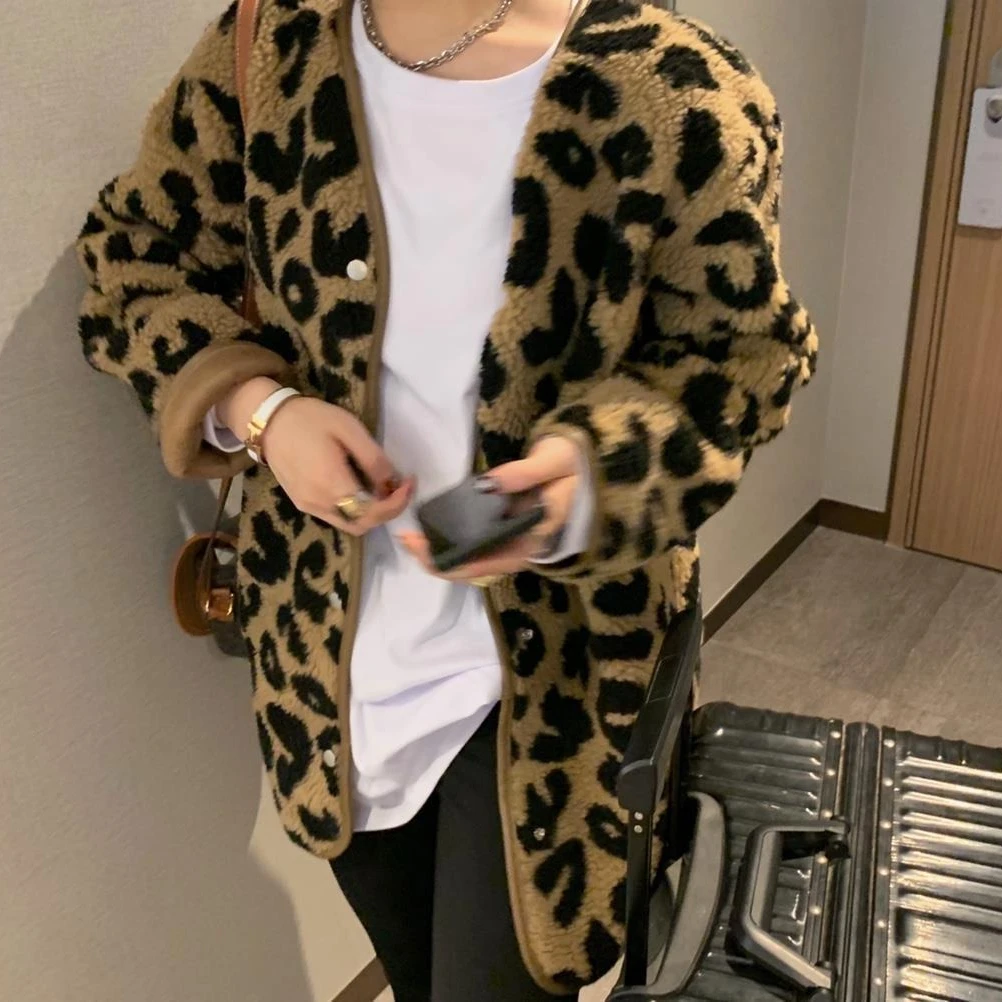 Woman Leopard Print Jackets Faux Fur Casual Cardigan Thick Furry Warm Autumn Padded Jacket Streetwear Outerwears Jackets Coats
