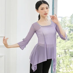 Classical Dance Tops Body Rhyme Women Square Neck Mesh Sheer Blouse Middle Sleeve Folk Dancing Costumes Flowy Hem Stage Clothes