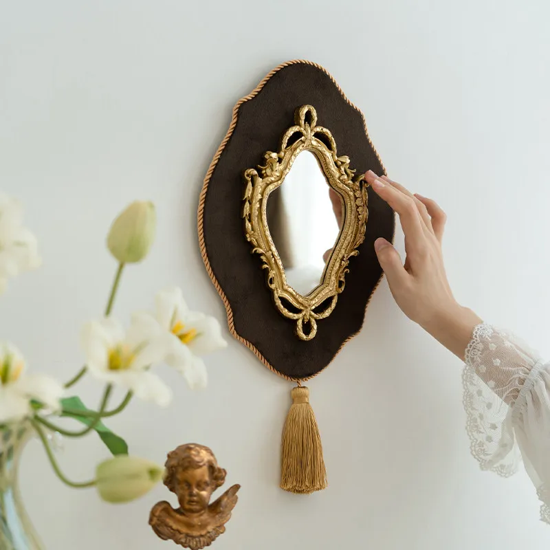 Retro French Wall-mounted Mirror Retro Suede Decorative Court Style Fringed Makeup Mirror Gold Light Luxury Wall Decoration