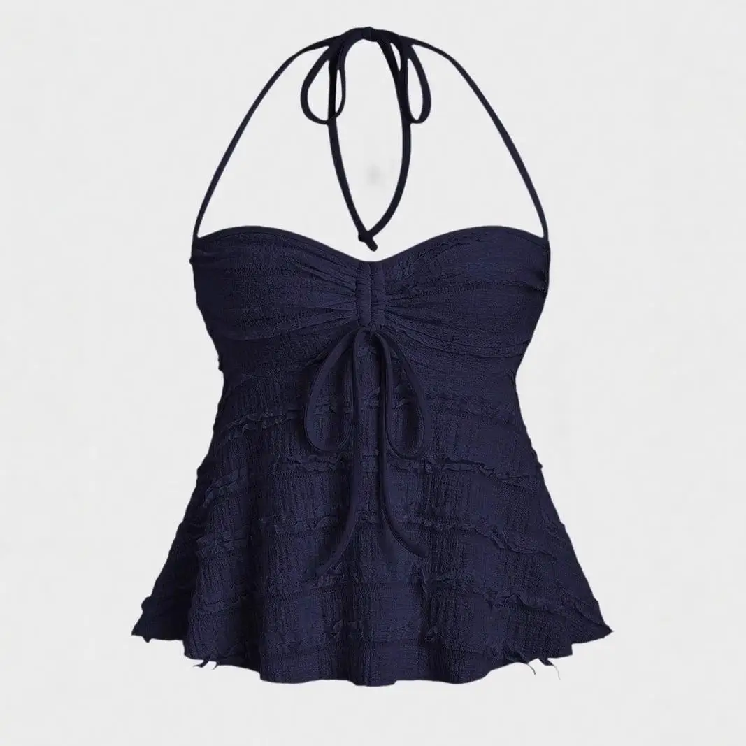 Women's Boho Plain Drawstring Cami Top Sleeveless Casual Polyester Fiber Short Length Inner Wear Short Style Backless