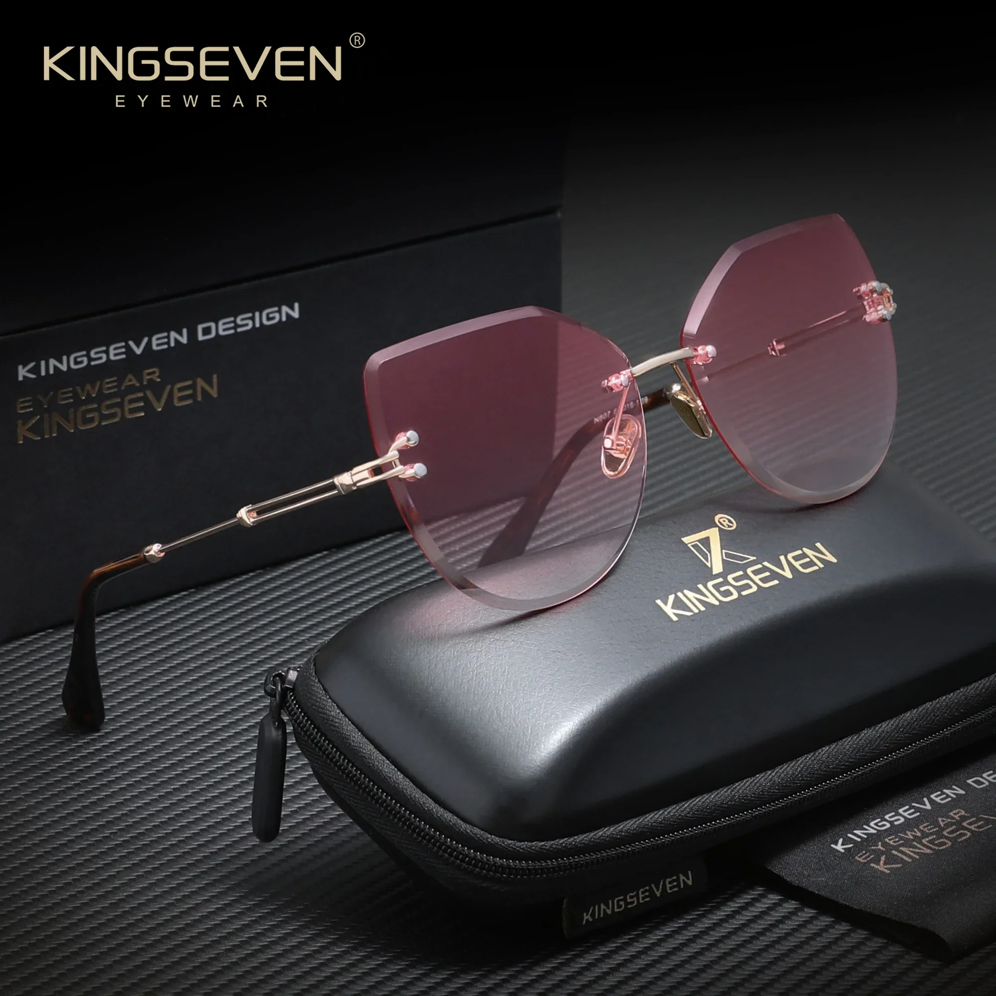 KINGSEVEN New Trendy Ladies Sunglasses Cat Eyes Design Rimless Gradient Lens Glasses Accessory Fashion Party Travel Eyewear
