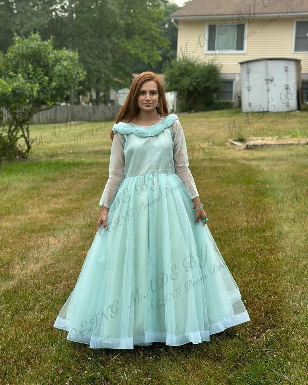 OEING Mint Tulle Mother And Kids A Line Prom Dresses Simple Long Seelves Mom And Daughter Pleats Celebrity Birthday Party Gowns