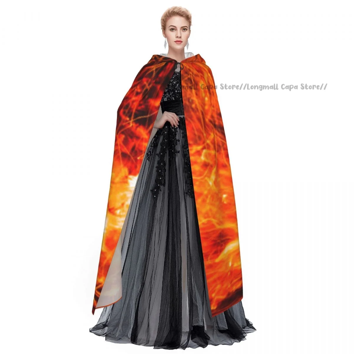 Cosplay Medieval Costumes Abstract Burning Fire With Sparks Hooded Cloak Capes Long Robes Jackets Coat Carnival