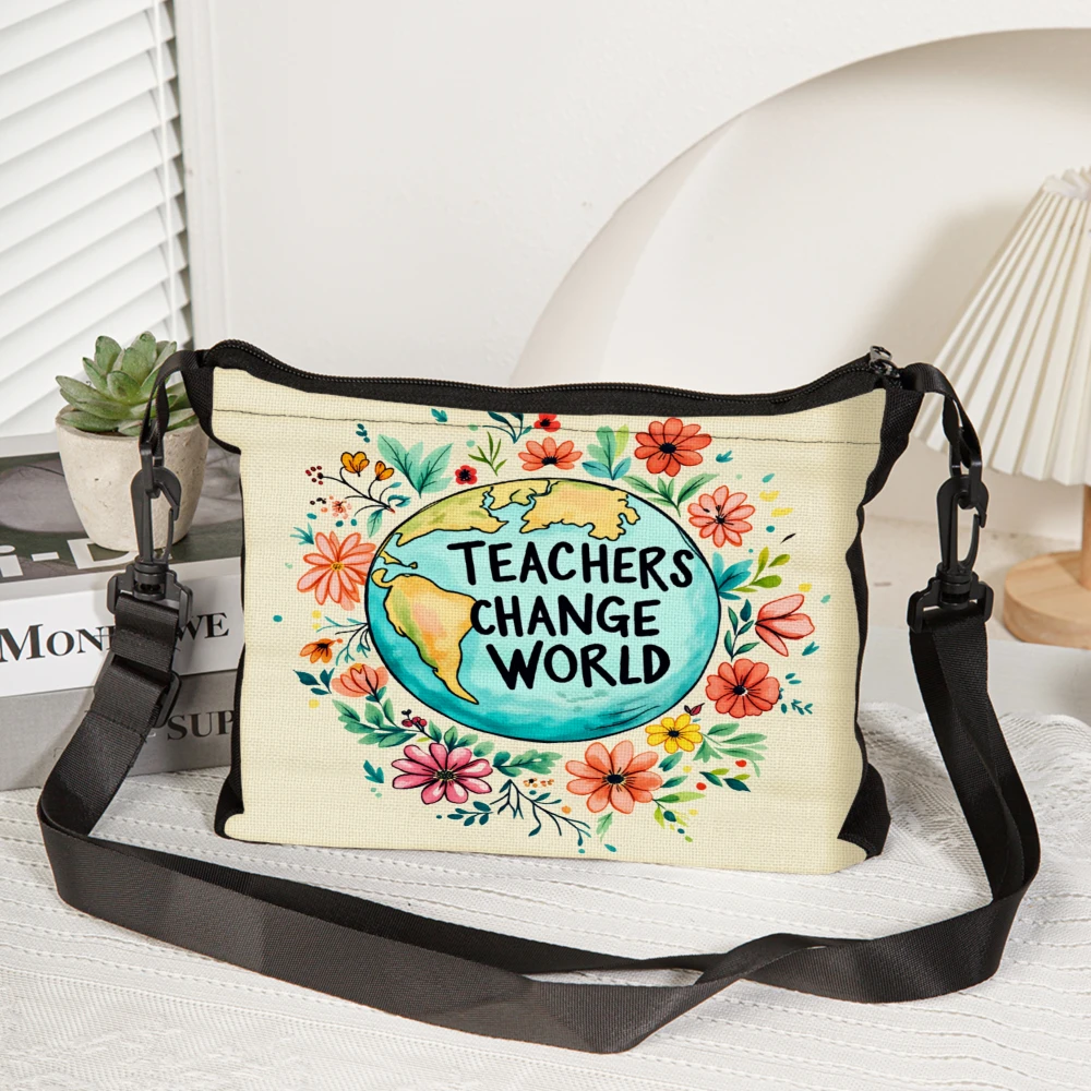 Teachers Change World Crossbody Bag Beige Floral Globe Print Shoulder Bags For Teachers And Educators School Work Commute Daily