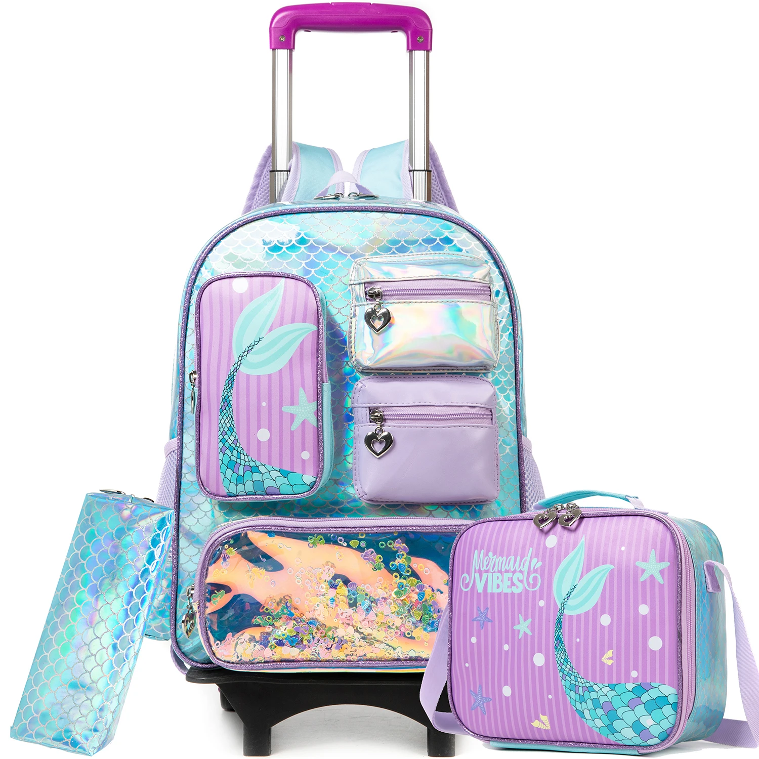 Rolling Backpack with Wheels for Girls Rolling Backpacks with Lunch Box Pencil Case for Elementary Students Kids Luggage