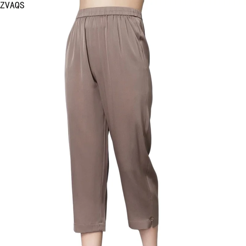 

ZVAQS 100% Mulberry Silk Woman Pants 2026 Silk 8/10 Length Pants Pencil Skinny Trousers Slim Fit Petite Summer Pants Штаны
