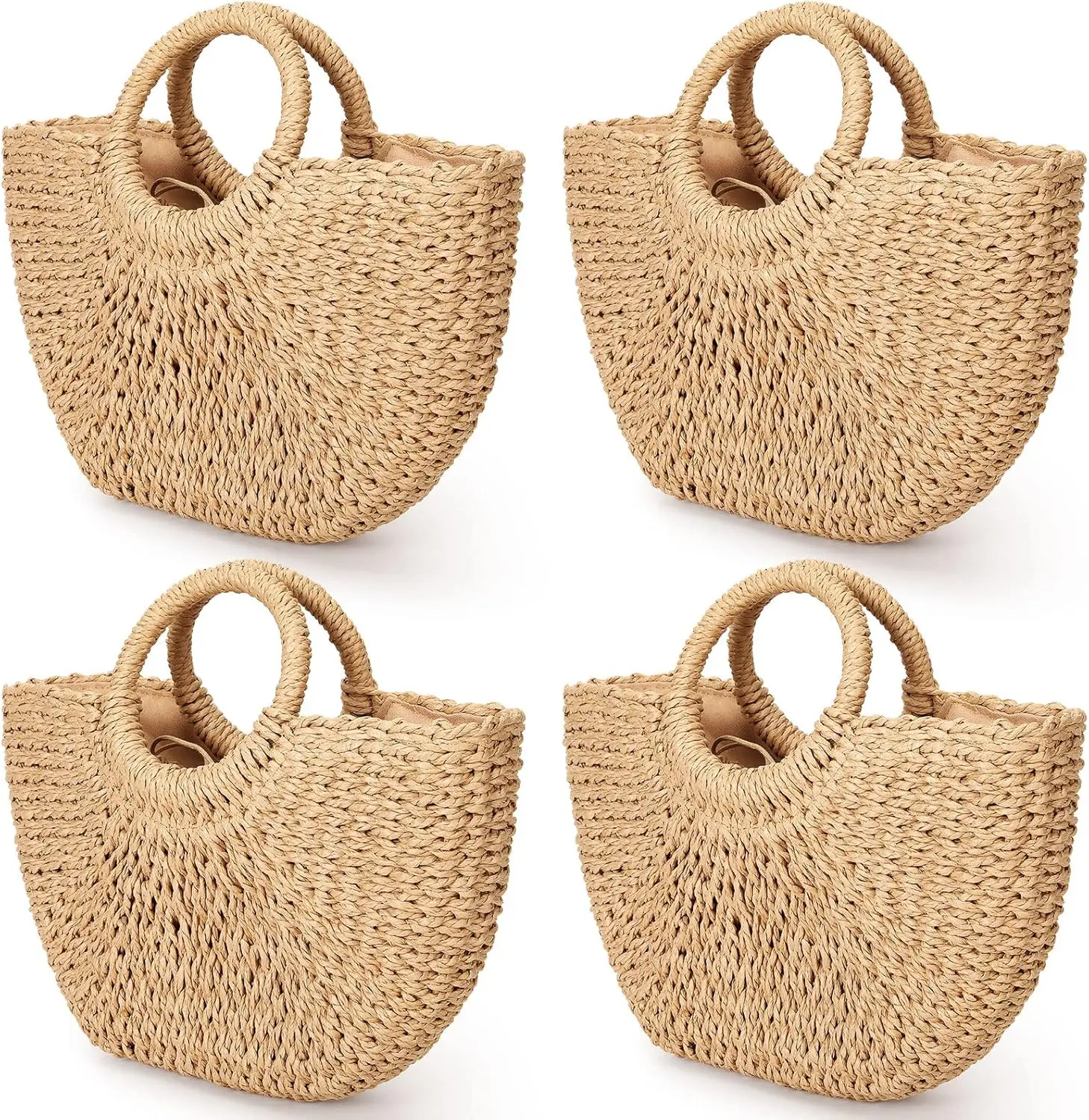 Juego de 4 Bolsos de Paja para Mujer, Bolsos de Mano de Rafia Tejida para Viajes de Verano, Bolsos de Playa con Asa, Bolsos Tote de Gran Capacidad, Bolsos Clutch 2024