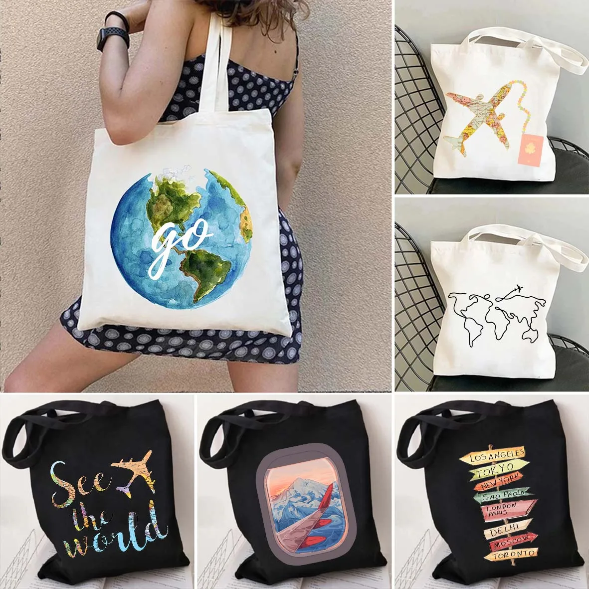 World Traveler Aesthetic Sunset Airplane Window Cute Women's Shopping Totes Book Bag Eco Travel Shoulder Shopper Canvas Handbags