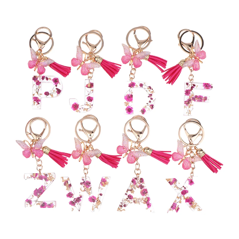 Bags Charms A-Z Pink Dry Flower Letters Keychain Tassel Butterfly Pendant Initial Keyring For Women Purse Suspension Key Chain