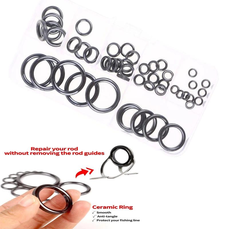 

Надежный набор для ремонта рыболовных удилищ; в комплекте кольца из альконита и керамические направляющие.