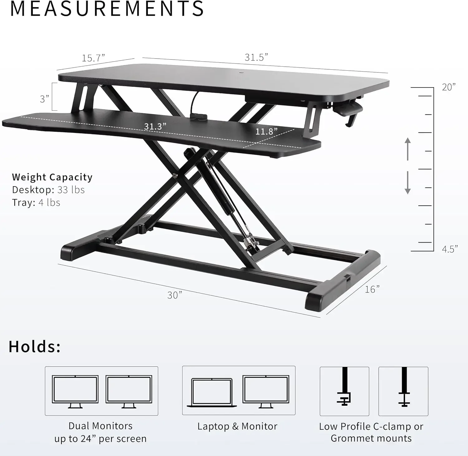32 inch Desk Converter, K Series, Height Adjustable Sit to Stand Riser, Dual Monitor and Laptop Workstation with Wide Keyboard