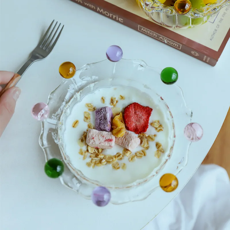 Ins Creative Crown Fairy High Borosilicate Glass Bowl Decoration, Colorful Beaded Fruit, Dessert, Ice Cream, Cereal, Yogurt Bowl