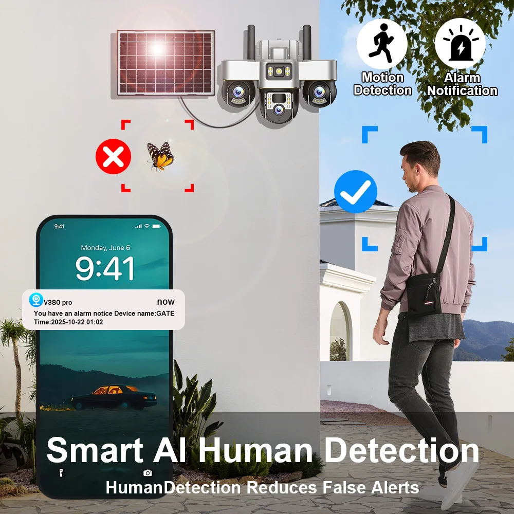 Kamera solarna 4G LTE 15MP HD z potrójnym obiektywem, zewnętrzna, wodoodporna, IP CCTV, z detekcją ruchu PIR, funkcją PTZ i kolorowym trybem nocnym.