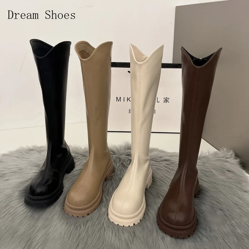 

Korean V-Neck High Top Cowboy Boots, Warm And Thick Soled Knight Boots For Autumn And Winter